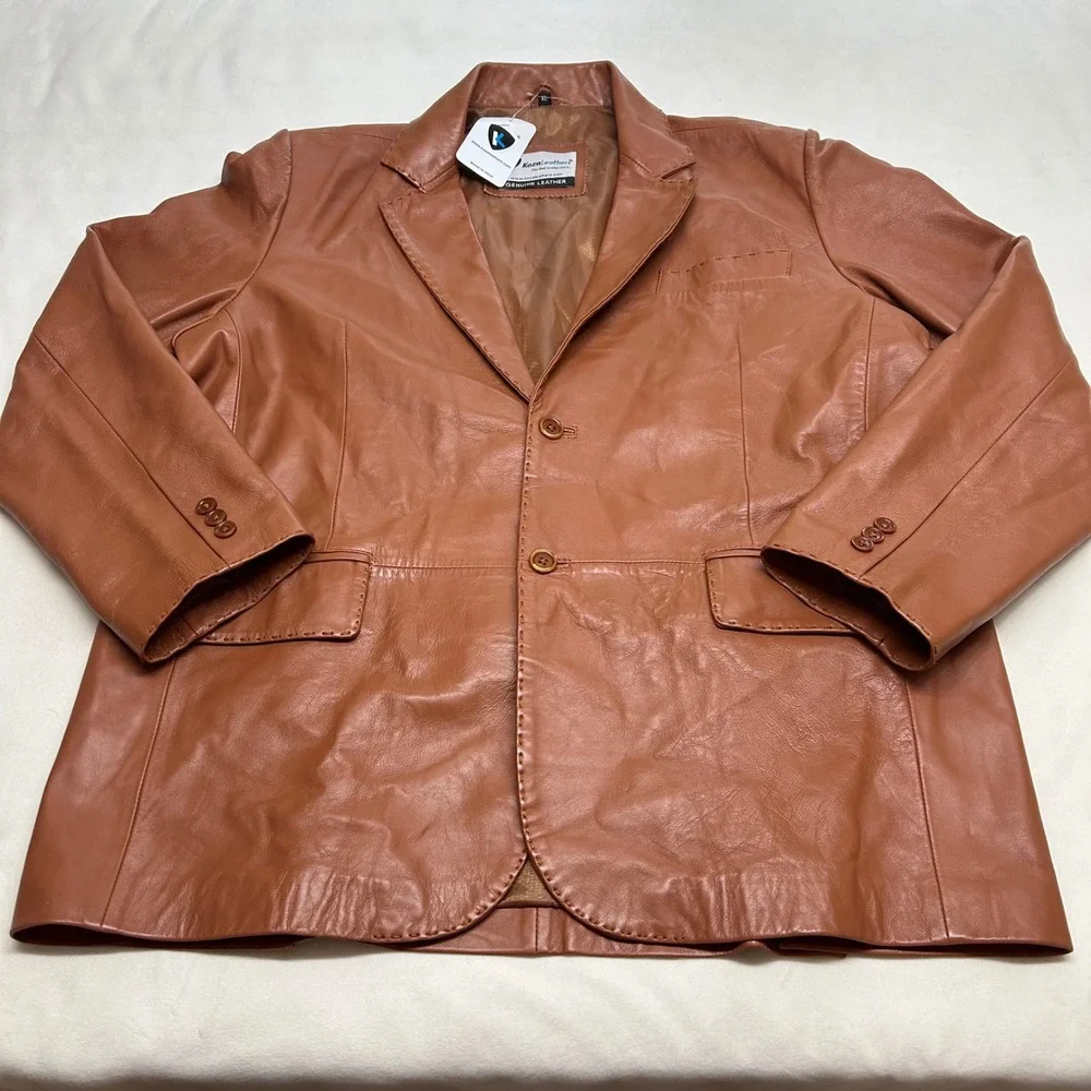 Koza Leathers Mens Cognac Brown Genuine Leather Blazer Sport Coat XL Pick Stitch